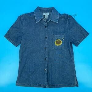 Reese Kelly Vintage 90's Denim Button Down Women's Sunflower Bee Top Size S